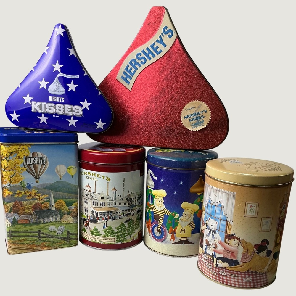Vintage Hershey's Kisses Tin Canister Lot of 6 Holiday Collector Storage Tins